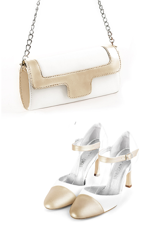 Dress clutch for wedding and parties in pure white and gold leather - Worn view